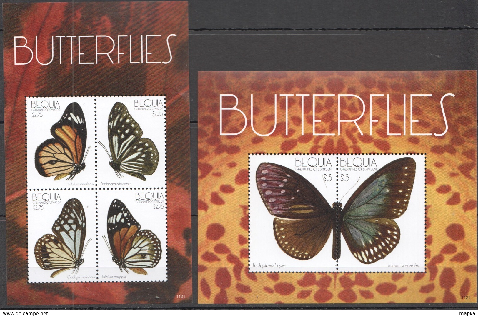 X739 2011 BEQUIA FAUNA INSECTS BUTTERFLIES #765-8 !!! MICHEL 24.5 EURO !!! 1BL+1KB MNH - Farfalle