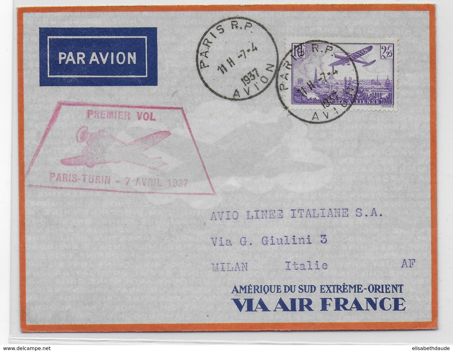 1937 - ENVELOPPE 1° VOL PARIS - TURIN (ITALIE) - 1927-1959 Covers & Documents