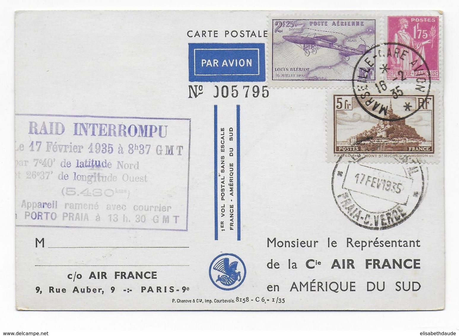 1935 - CARTE Par AVION AIR FRANCE => AMERIQUE Du SUD - RAID INTERROMPU => PORTO-PRAIA (CAP VERT) - 1927-1959 Covers & Documents