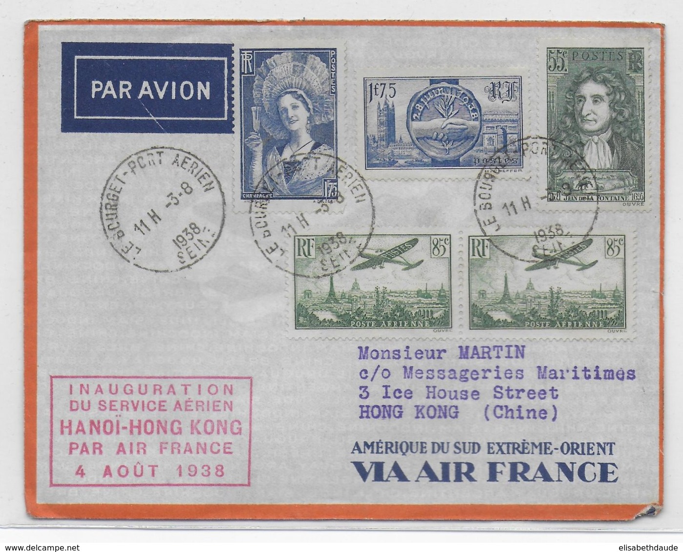 1938 - ENVELOPPE De BOURGET AVIATION - INAUGURATION SERVICE AERIEN HANOÏ à HONG-KONG (CHINE) CACHET ROUGE ! - 1927-1959 Covers & Documents