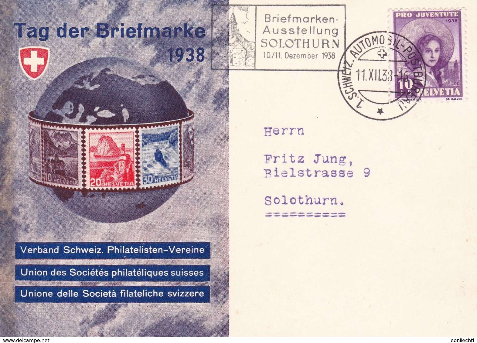 Tag Der Briefmarke 1938 Mit Zu: J86 / Mi: 332.  St. Gallerin. Briefmarkenausstellung Solothurn 10/11 Dez. 1938 - Briefe U. Dokumente
