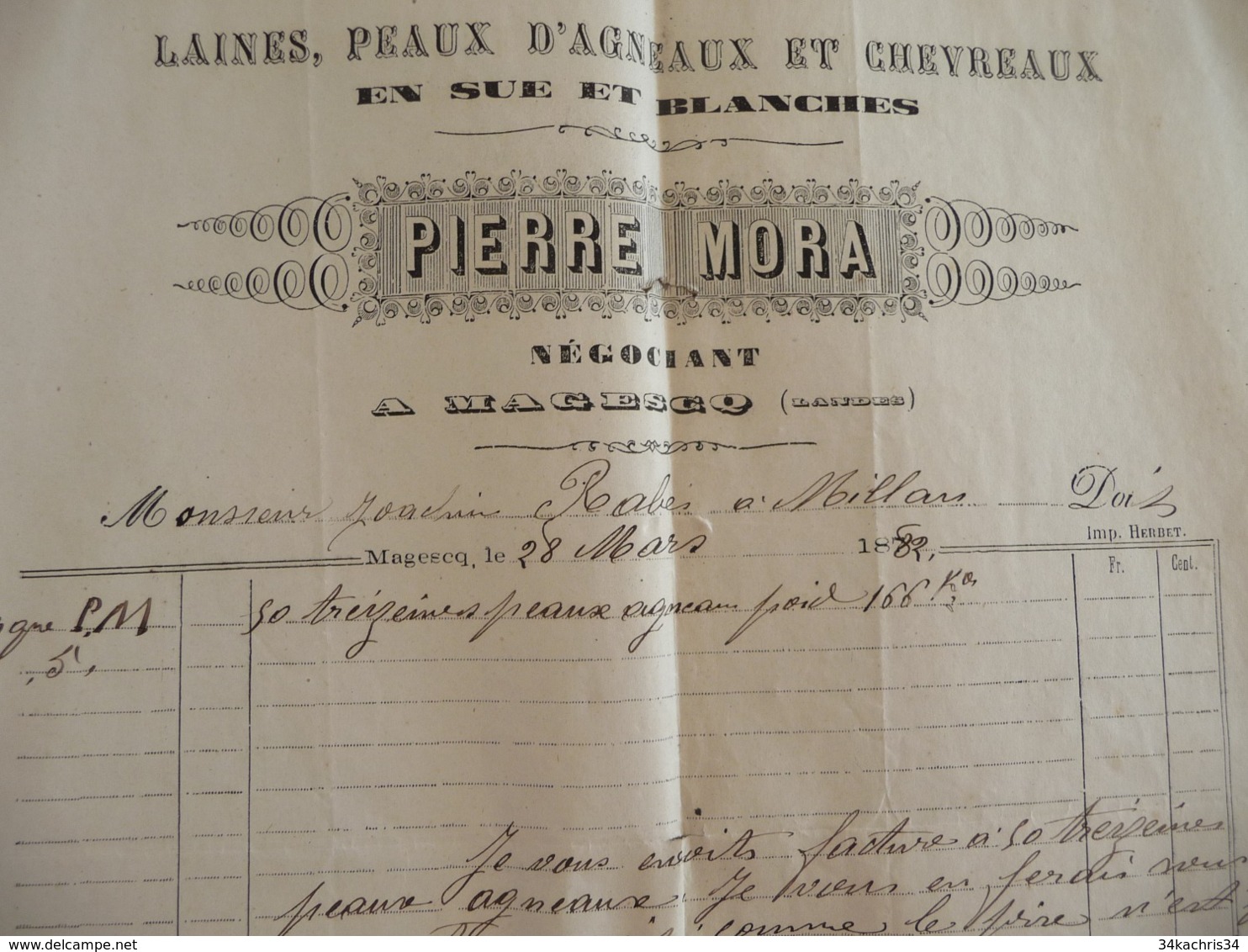 Facture Agriculture Pierre Mora Laines Peaux D'agneau Et Chevreaux 1882 Magesq Landes - Landbouw