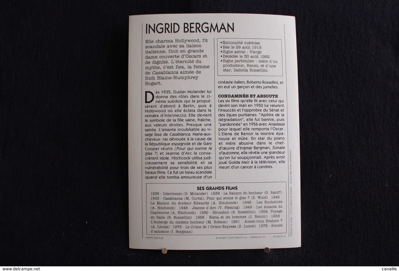 Sp-Actrice, Ingrid Bergman, Née Le 29 Août 1915 à Stockholm, Suède, Et Morte Le 29 Août 1982 à Londres, Royaume-Uni, - Acteurs