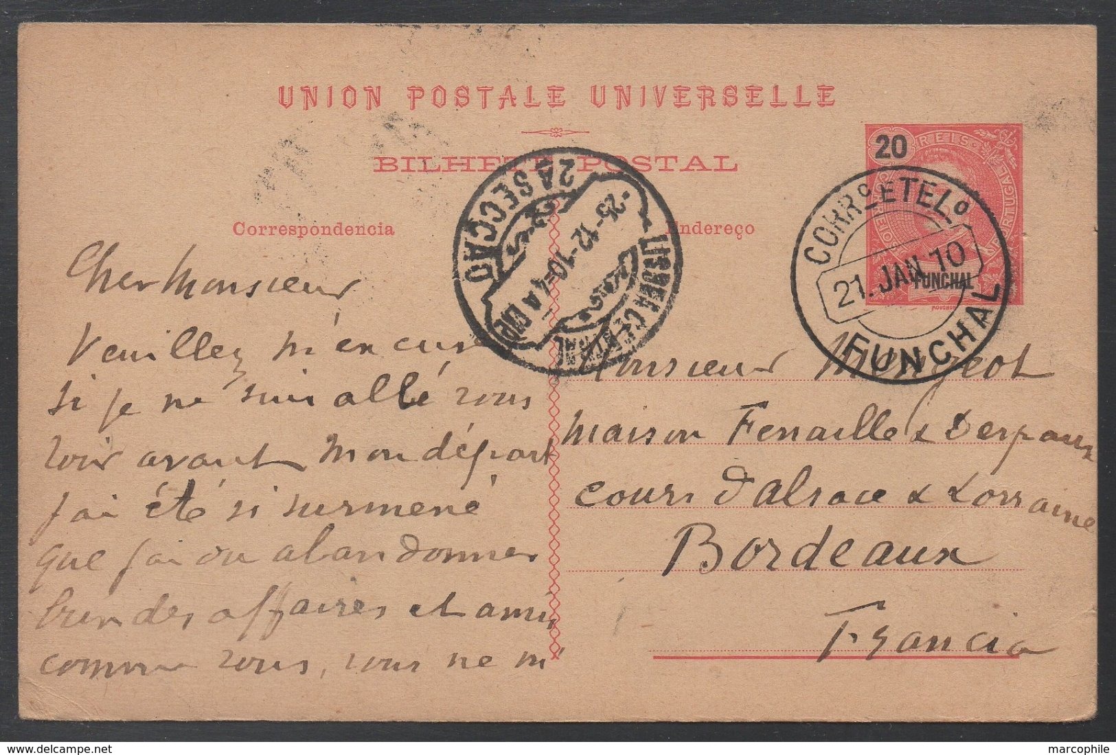 FUNCHAL - MADERE - MADEIRA - PORTUGAL / 1910 ENTIER POSTAL POUR BORDEAUX  (ref LE245) - Funchal