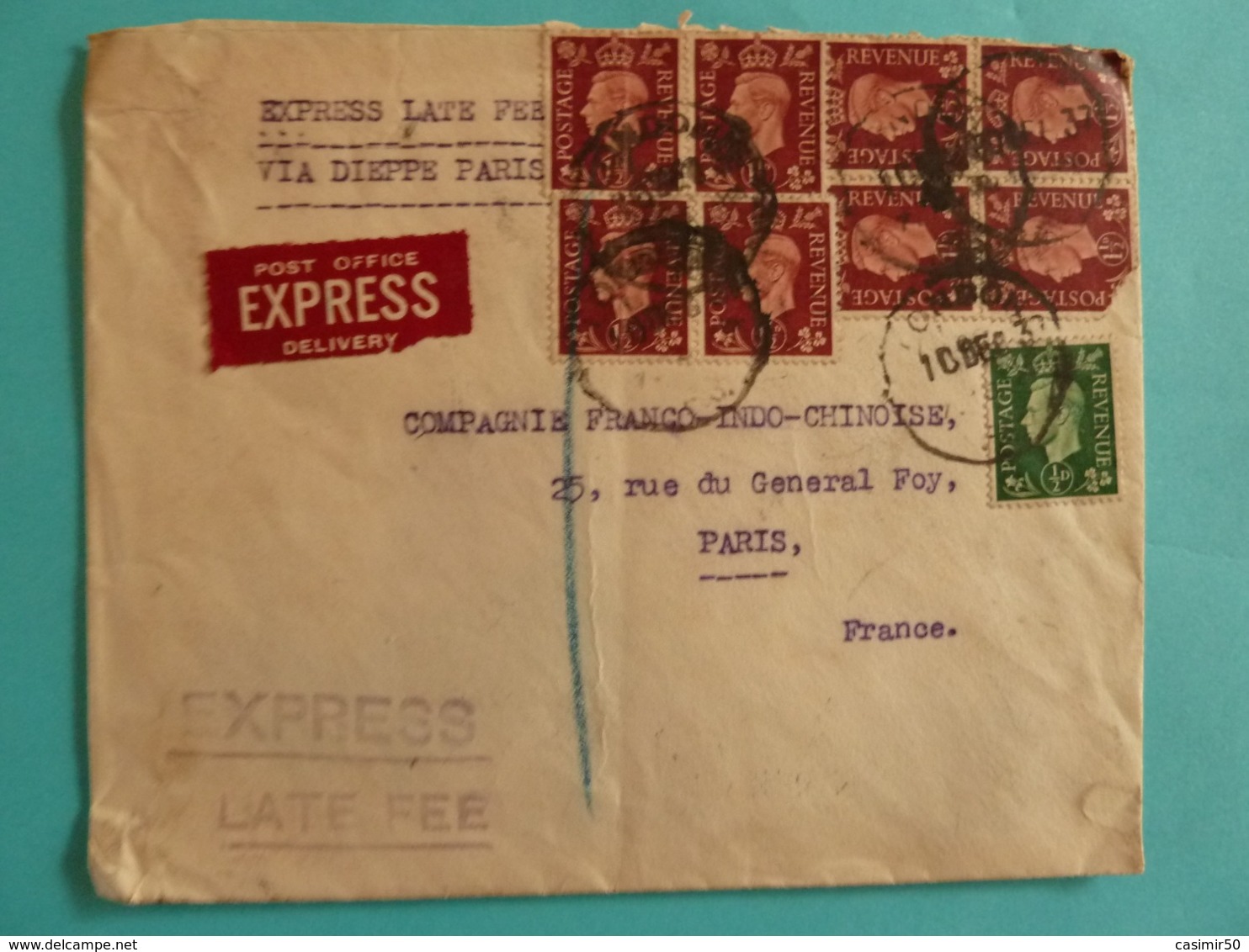 ENVELOPPE DE 1937 A CIRCULE DE LONDRES A PARIS CACHET  EXPRESS LATE FEE - Cachets Généralité