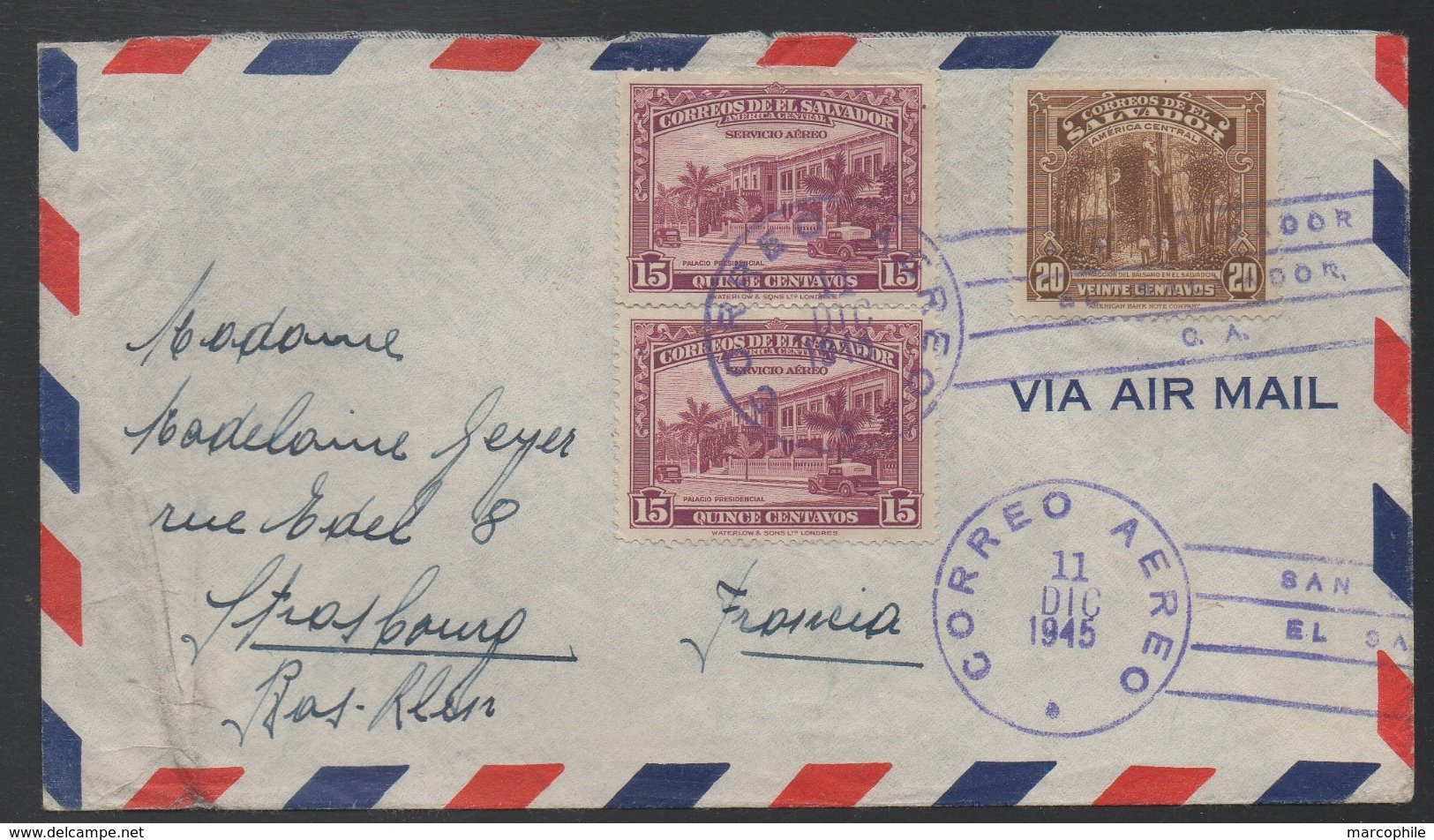 SALVADOR / 1945 LETTRE AVION POUR LA FRANCE - STRASBOURG (ref LE289) - Salvador