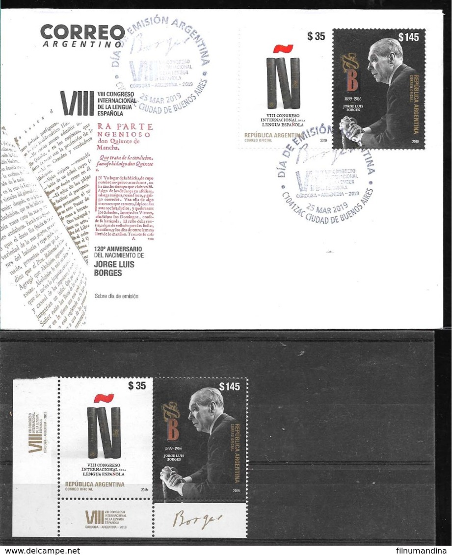 ARGENTINA 2019 ART LITERATURE JORGE L. BORGES WRITER,SPANISH LANGUAGE CONGRES MNH+ FDC                   MNH - Neufs