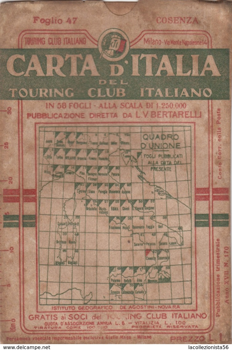 9494-CARTA D'ITALIA DEL TOURING CLUB ITALIANO-COSENZA-1938 - Carte Geographique