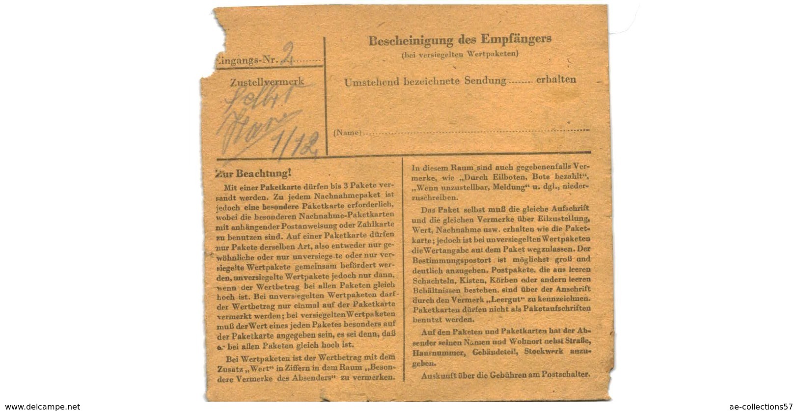 Allemagne  - Colis Postal  - Départ Eich ( Rheinhess )  -  Pour Waldheim  -  27-11-43 - Briefe U. Dokumente