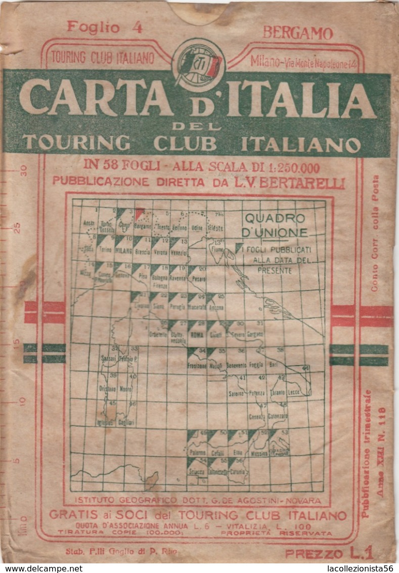 9495-CARTA D'ITALIA DEL TOURING CLUB ITALIANO-BERGAMO-1934 - Carte Geographique