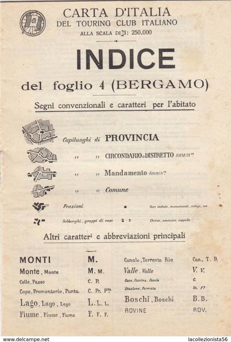 9495-CARTA D'ITALIA DEL TOURING CLUB ITALIANO-BERGAMO-1934 - Carte Geographique