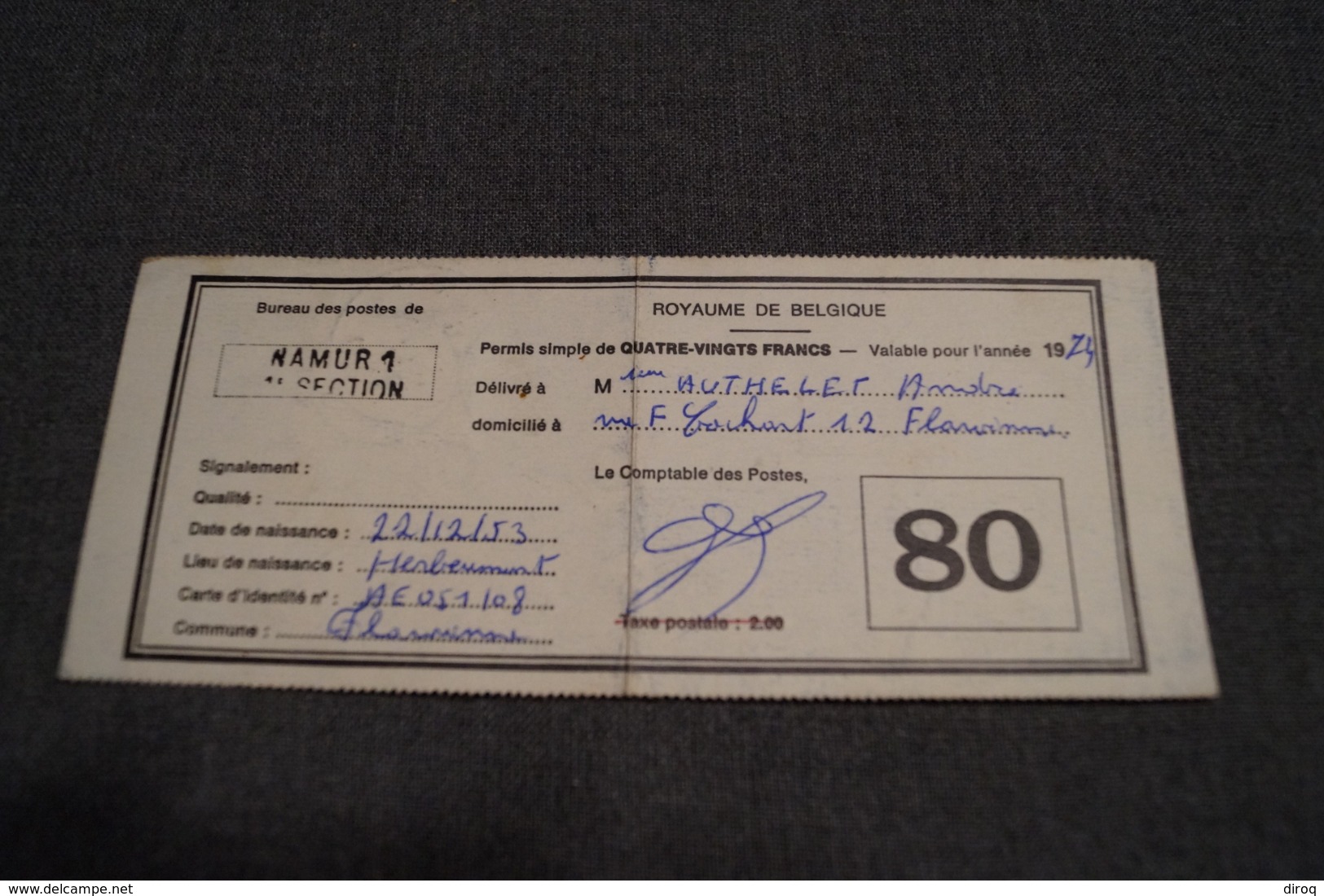 Originale Ancien Permis De Pêche,1974,bureau De Poste De Flawinne 5020 - Fischerei