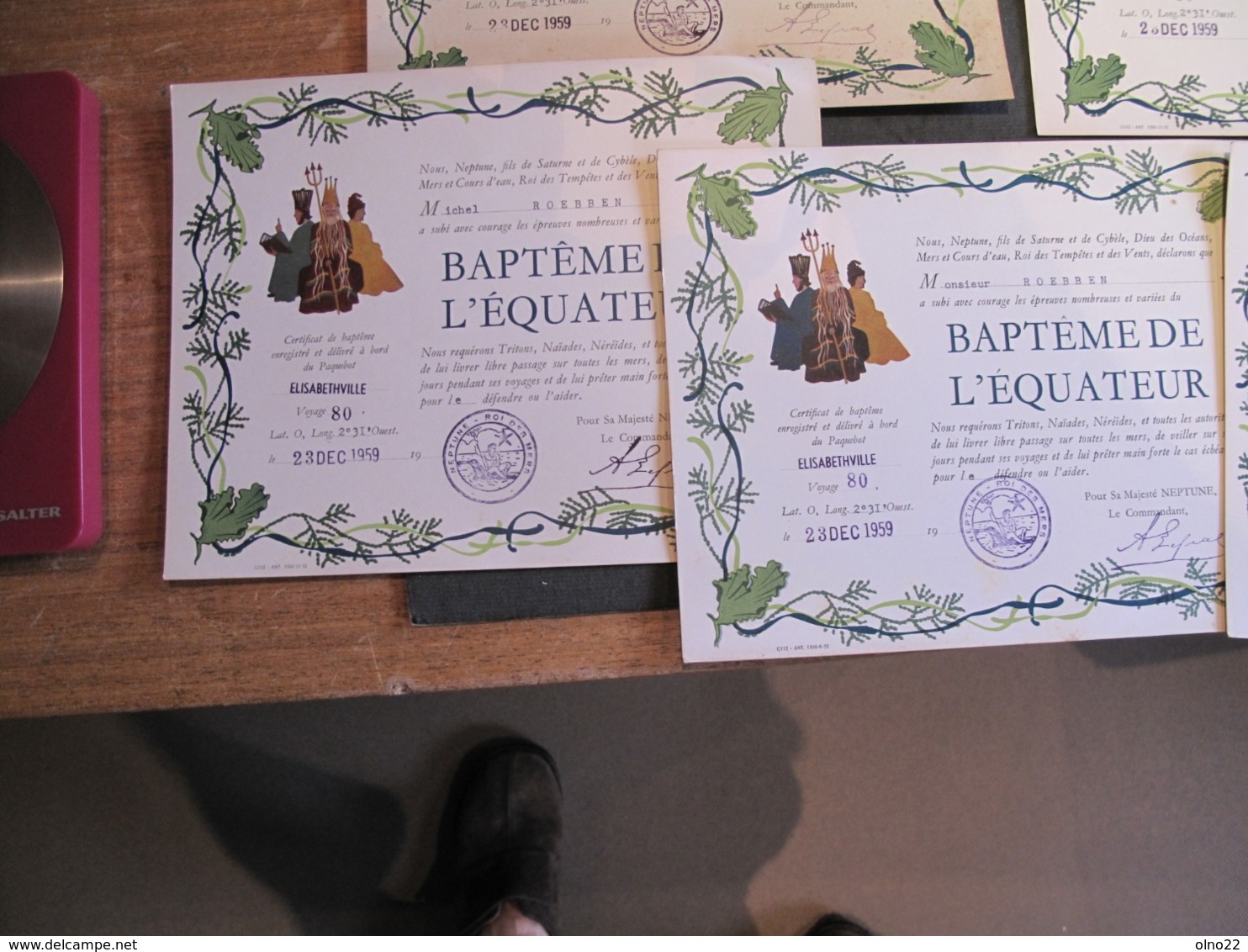 PAQUEBOT ELISABETHVILLE - 5 DIPLOMES/BAPTEMES DE L'EQUATEUR - 23/12/59 - Commandant LEPAL - FAMILLE ROEBBEN - Diplômes & Bulletins Scolaires