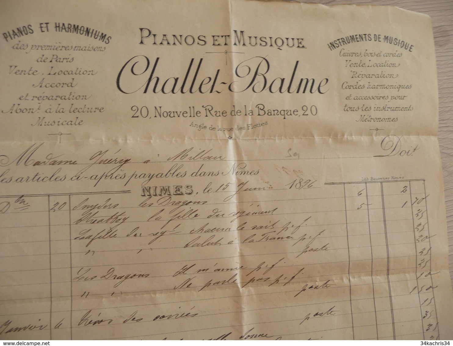 Facture Nîmes 1894 Challel Balme Pianos Et Musique - Straßenhandel Und Kleingewerbe