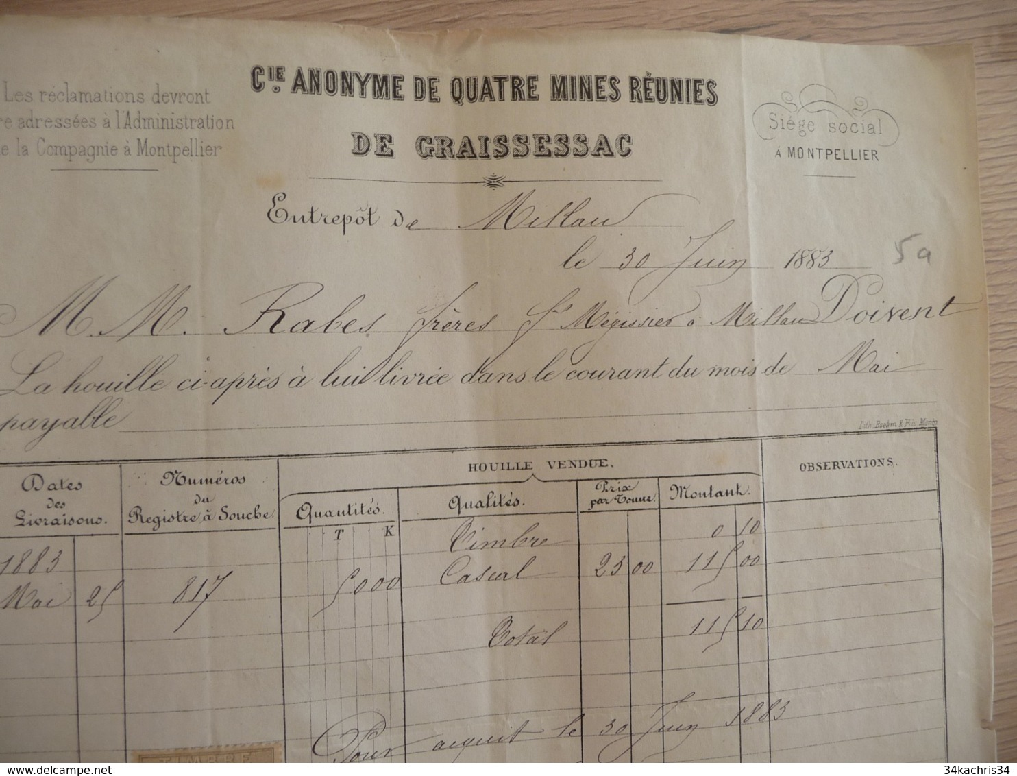 Facture 1883 Milhau Cie Anonyme De Quatre Mines Réunis De Graissessac - Other & Unclassified