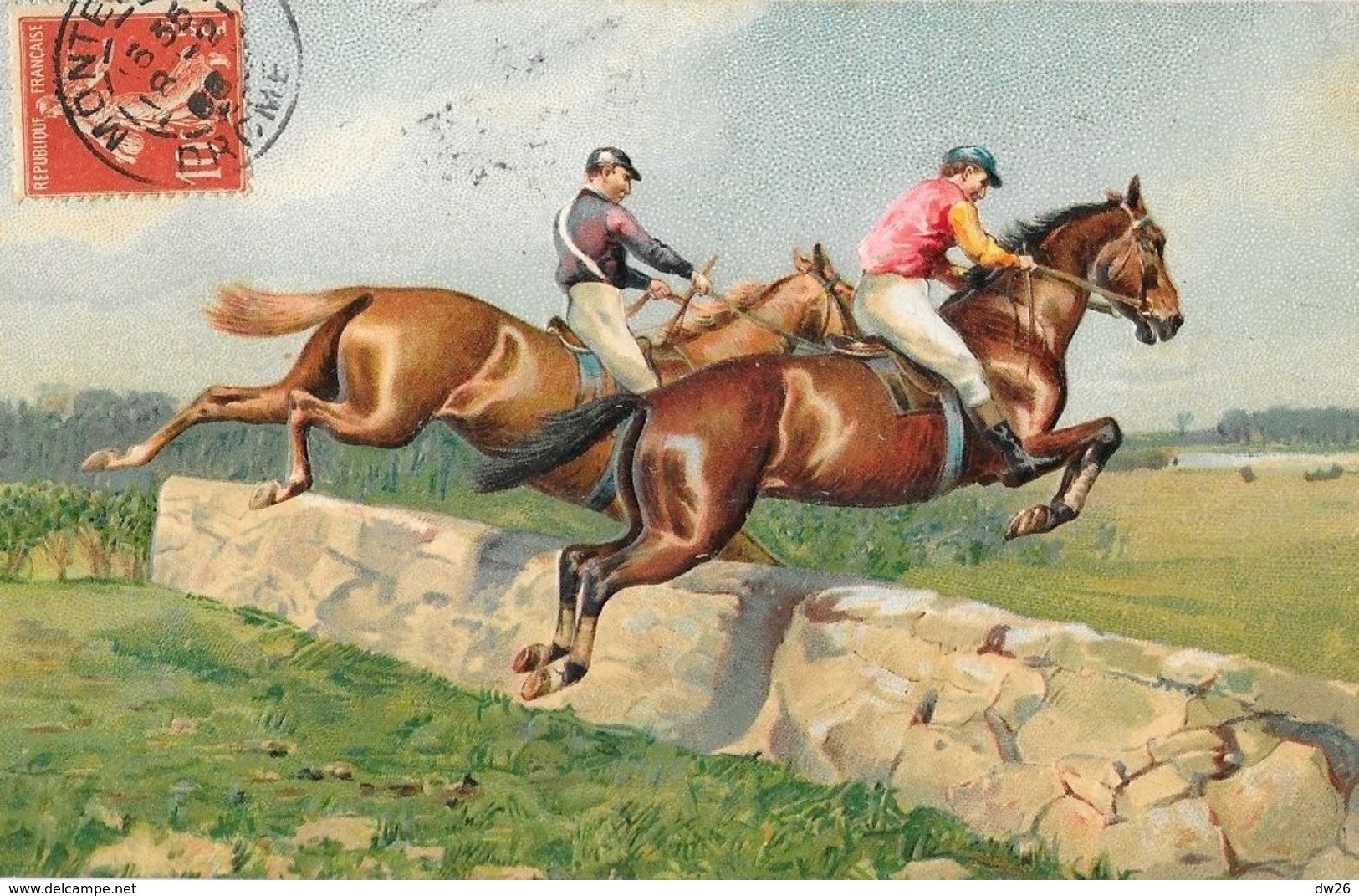 Hippisme: Course Steeple Chase - Illustration 2 Jockeys Et Leurs Chevaux - Carte Gaufrée - Hippisme