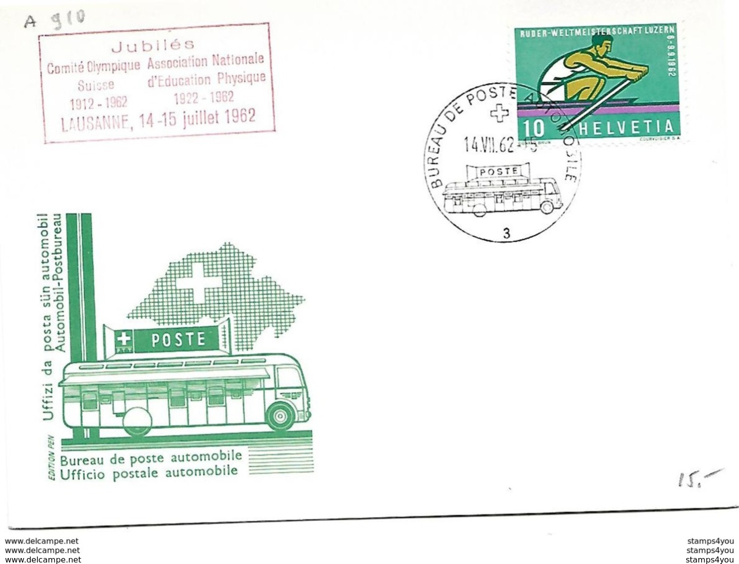 166 - 58 - Carte Pen Avec Rare Oblit Spéciale "Jubilé Comité Olympique Suisse 1962 Lausanne" - Marcophilie