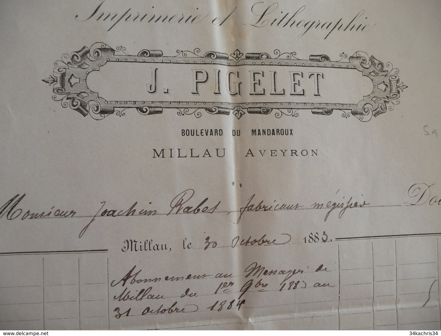 Facture J.Pigelet Millau 1883 Imprimerie Lithographie 1883 - Autres & Non Classés