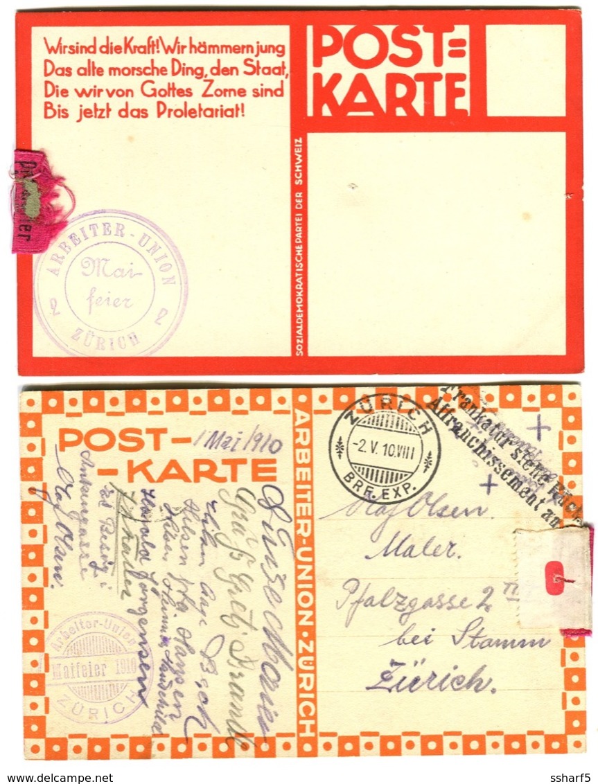 2 AK M.1.Mai-Bändel 1910+12 DPROLETARIER VEREINIGT EUCH DEMONSTRATION 8-Stundentag Arbeiterunion Zürich Sozialgeschichte - Mon