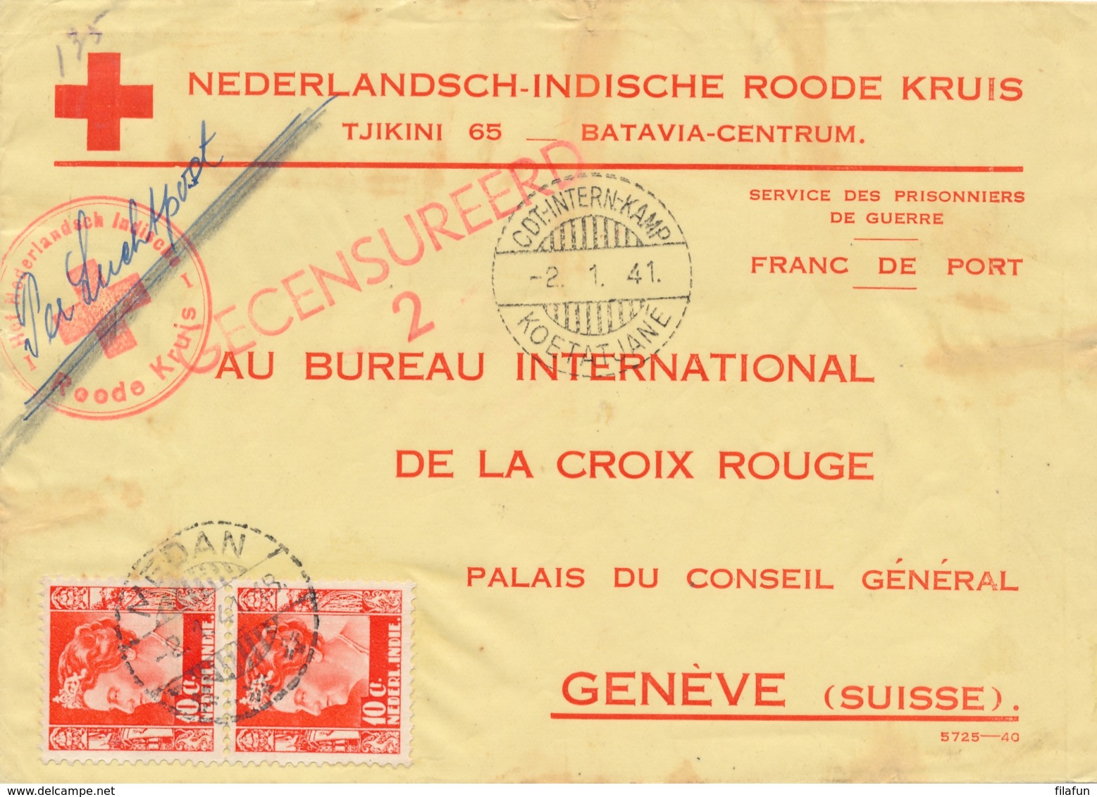 Nederlands Indië - 1941 - Censored Red Cross POW Cover Van CDT-INTERN.KAMP KOETATJANE Naar Geneve / Schweiz - Nederlands-Indië