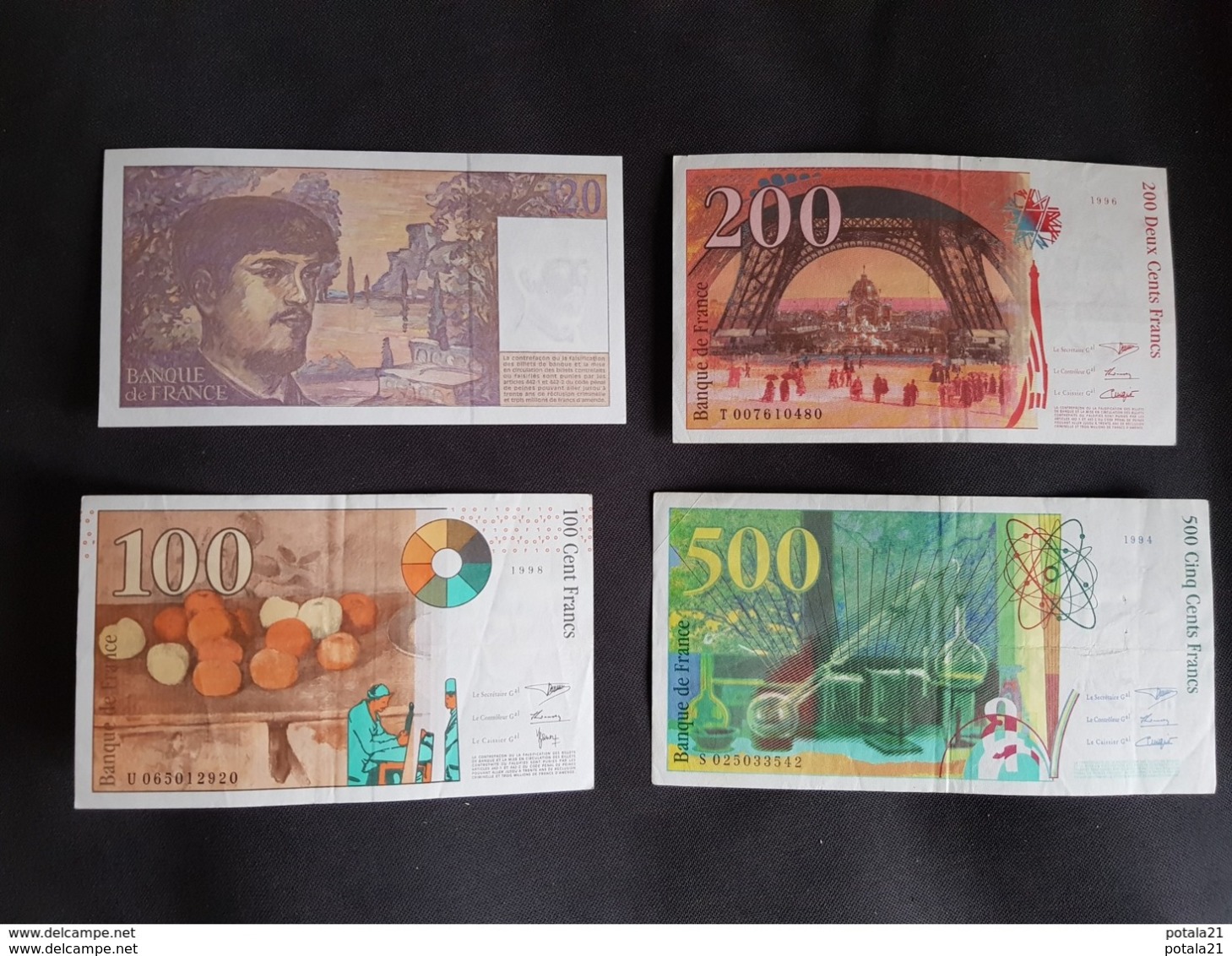 Lot De 4 Billets : 20 Francs Debussy, 100 Francs Cézanne, 200 Francs Eiffel, 500 Francs Curie - Non Classificati