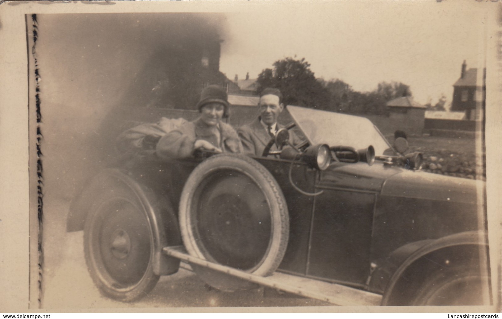 Postcard Portrait Old Two Seater Car With Man And Woman Looking At Camera RP My Ref  B13668 - Passenger Cars