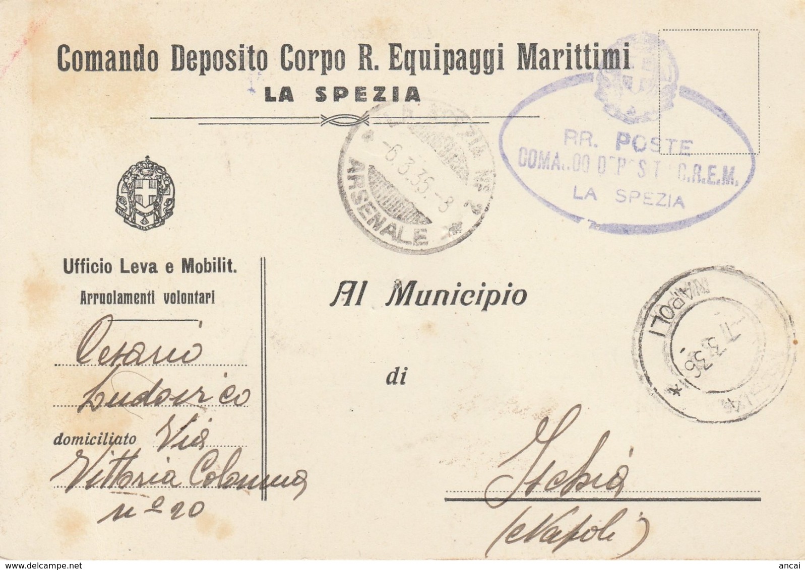 1936. Cartolina Da La Spezia Ad Ischia. COMANDO DEPOSITO CORPO R. EQUIPAGGI MARITTIMI - Documentos