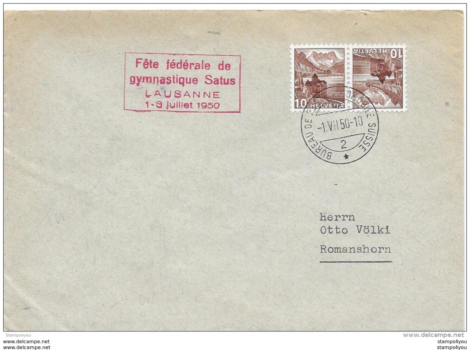 111 - 14 - Enveloppe Avec Oblit Spéciale "Fête Fédérale Gymnastique Satus Lausanne" - Marcophilie