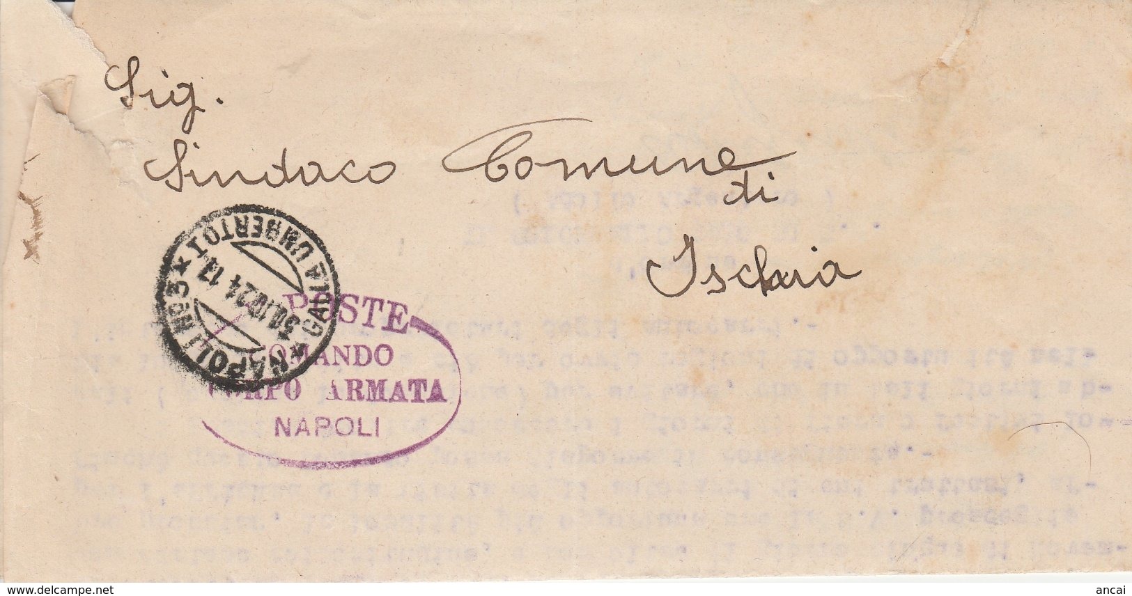 Napoli. 1924. Annullo Guller NAPOLI 3 *GALL  A UMBERTO I*, Su Franchigia + Ovale COMANDO CORPO ARMATA NAPOLI - Documenti