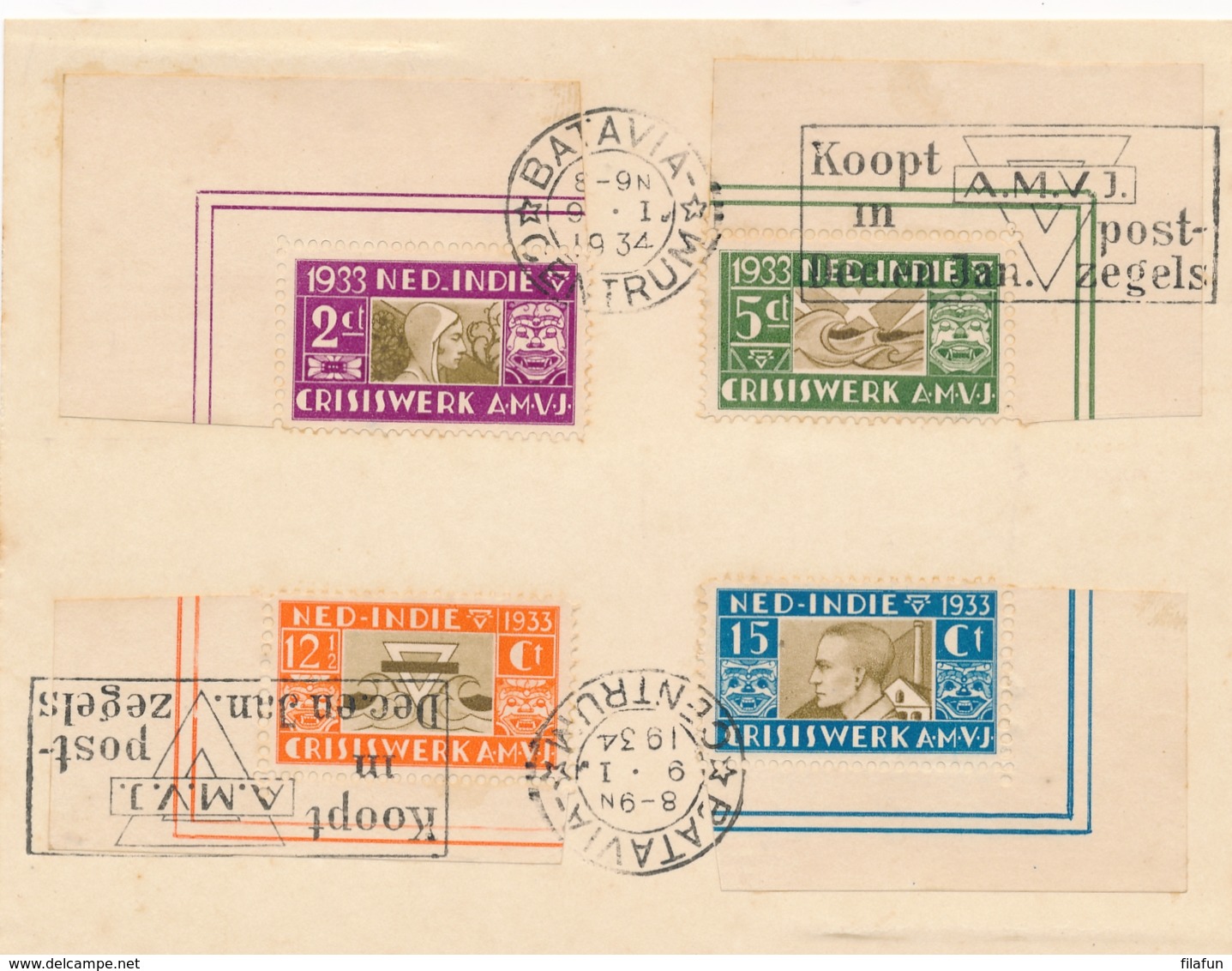 Nederlands Indië - 1934 - AMVJ-serie Met Machinestempel Koopt AMVJ Zegels Op Kaartje Van Batavia - Geen Adres - Nederlands-Indië