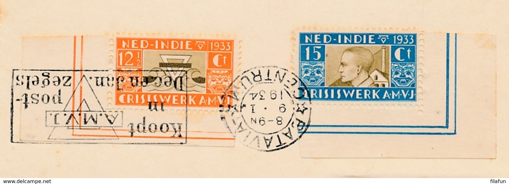 Nederlands Indië - 1934 - AMVJ-serie Met Machinestempel Koopt AMVJ Zegels Op Kaartje Van Batavia - Geen Adres - Nederlands-Indië