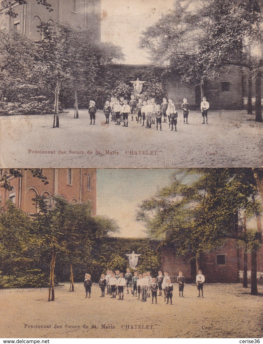 2 Cartes De Châtelet Noir Et Blanc Et Couleur Pensionnat Des Soeurs De Ste Marie - Châtelet