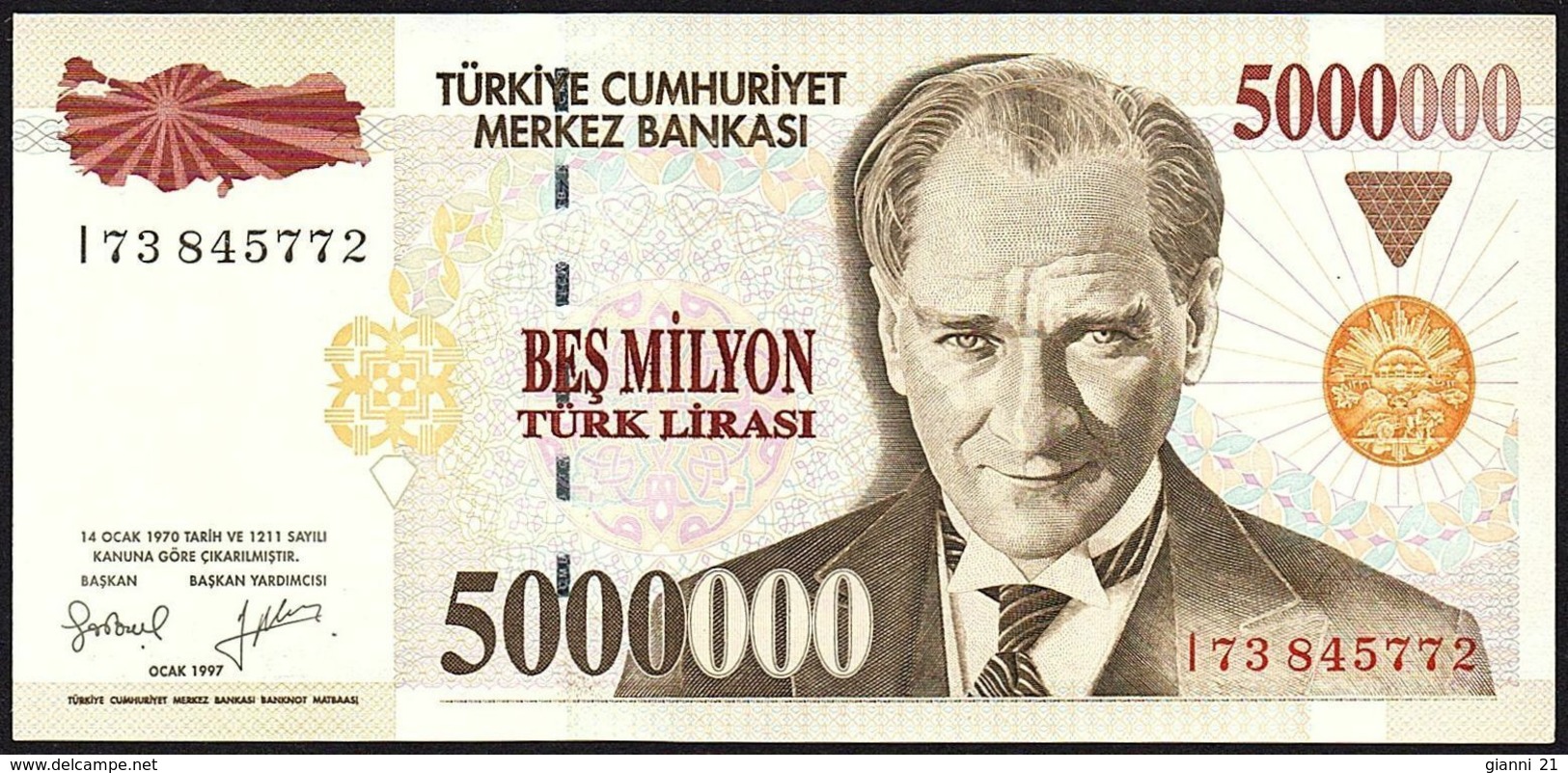 TURKEY - 5.000.000 Lira L.1970 ~ 1.1997 {Türkiye Cumhuriyet Merkez Bankası} UNC P.210 B - Turchia