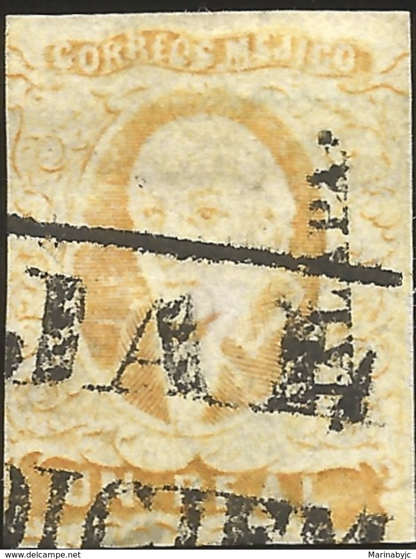 J) 1856 MEXICO, HIDALGO, UN REAL YELLOW, BLACK BOX CANCELLATION, SCOTT 2, WITH DISTRICT NAME XALAPA, MN - Mexico