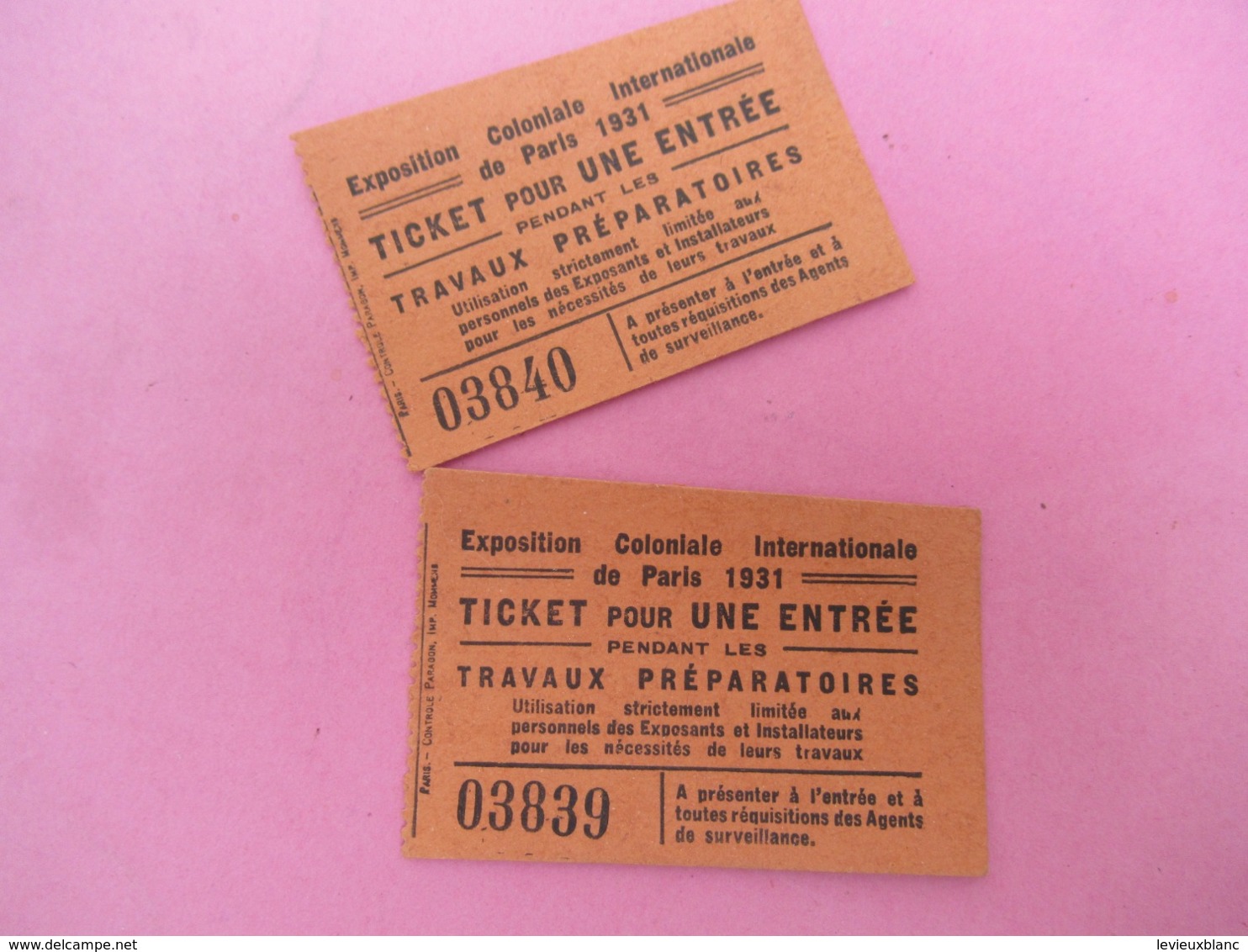 2 Tickets D'entrée Pendant Les Travaux Préparatoires/Exposition Coloniale Internationale De Paris/1931   VPN217 - Tickets D'entrée