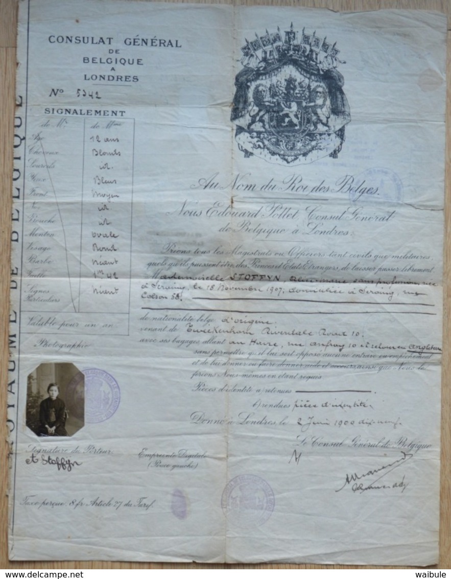 Passeport Belge Visa 1919 - Documents Historiques