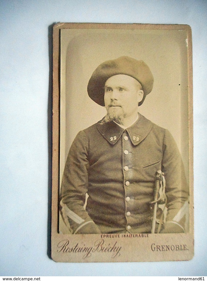 PHOTO CDV 19 EME MILITAIRE SOLDAT CHASSEUR ALPIN 22 SUR LE COL Cabinet ROSTAING BIECHY  A GRENOBLE - Guerre, Militaire