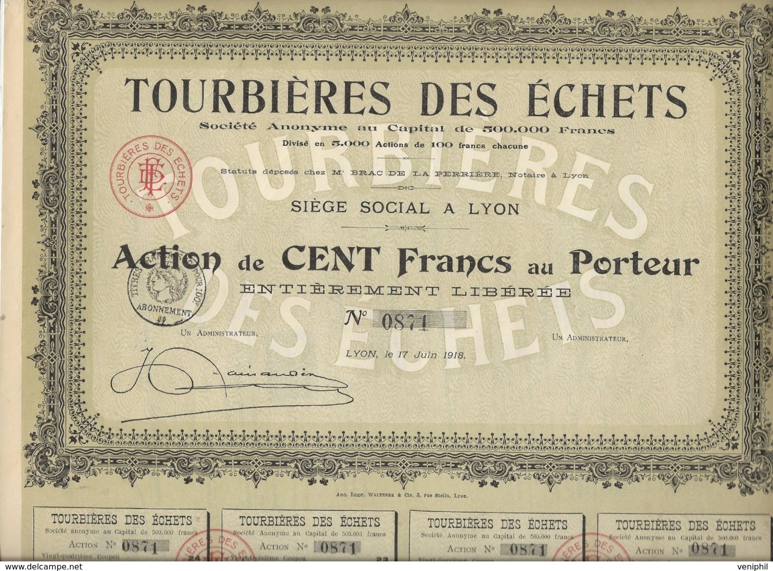 ACTION DE 100 FRS - TOURBIERES DES ECHETS  -01 - DIVISE EN 500 ACTIONS - ANNEE 1918 - Agricultura