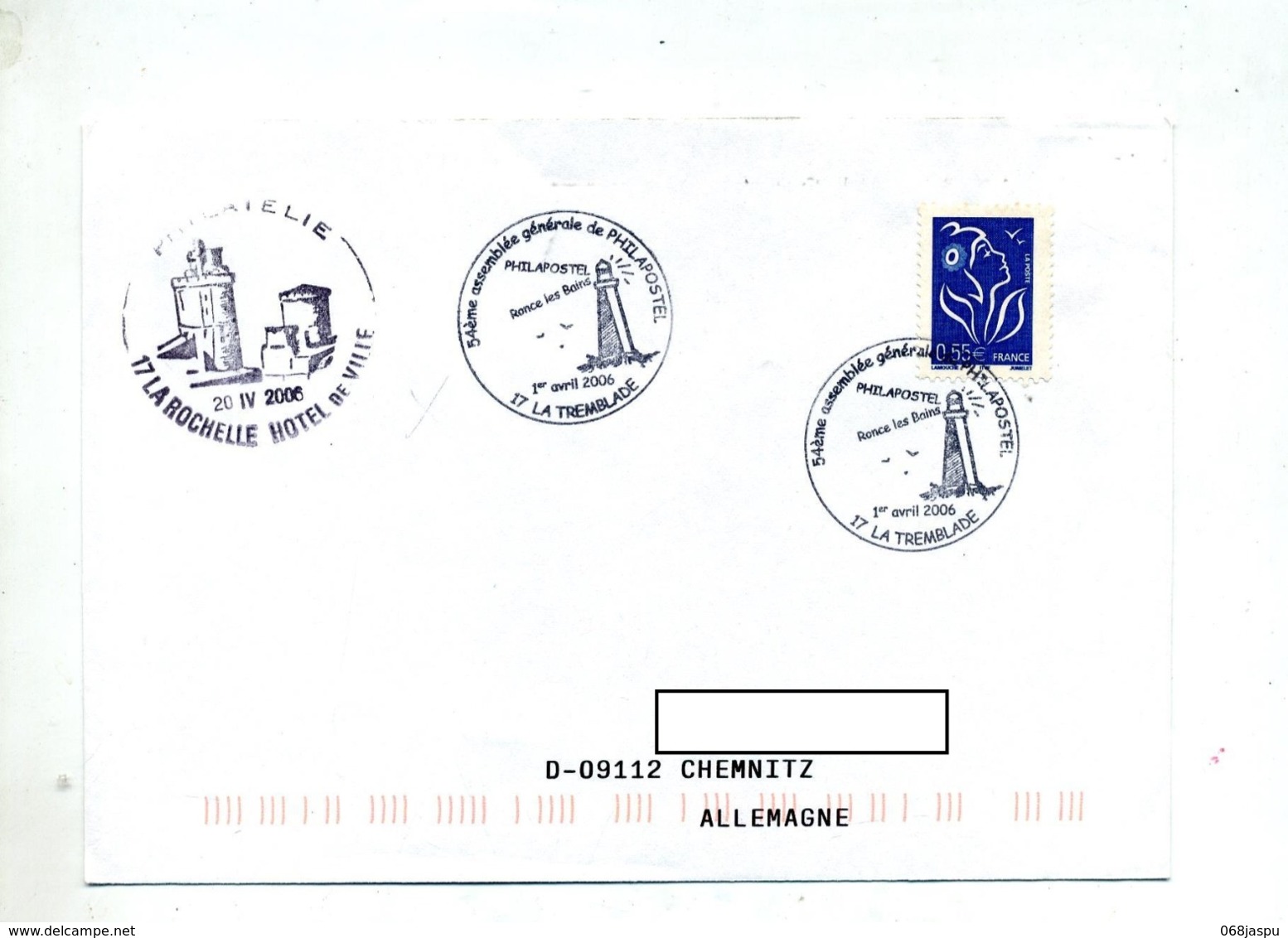 Lettre Cachet  La Tremblase Assemblee Philapostel Theme Phare + La Rochelle - Cachets Commémoratifs