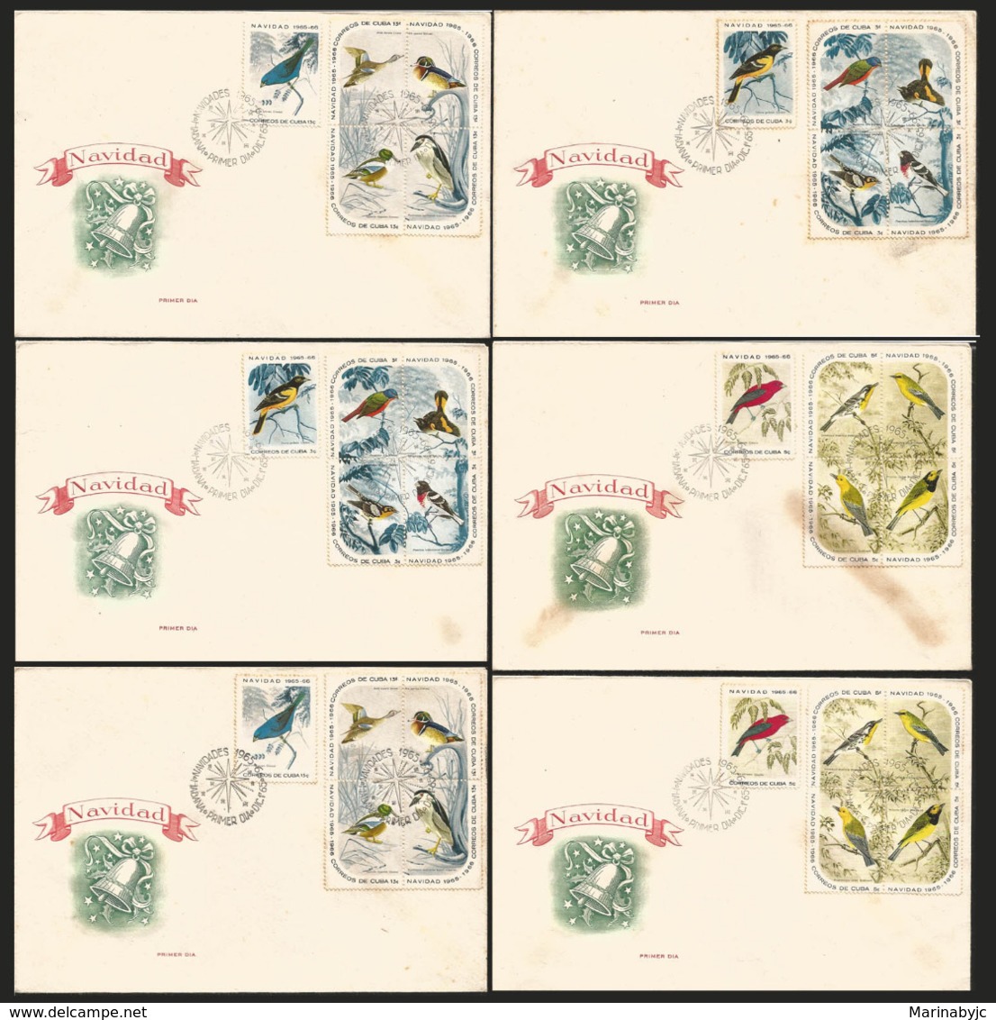 V) 1966 CARIBBEAN, CHRISTMAS,  BIRDS STAMPS, WITH SLOGAN CANCELATION, BLACK CANCELLATION, SET OF 6, FDC - Lettres & Documents