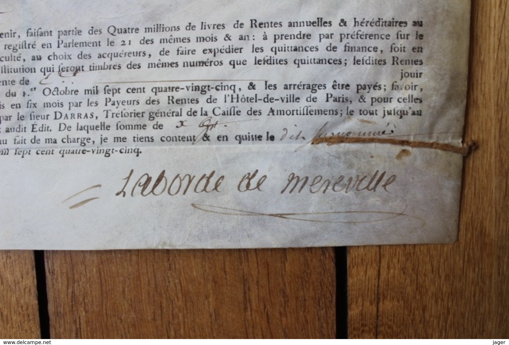 Tresor Royal Sur Velin 1785 Autographe De Laborde  De Mereville - Documents Historiques