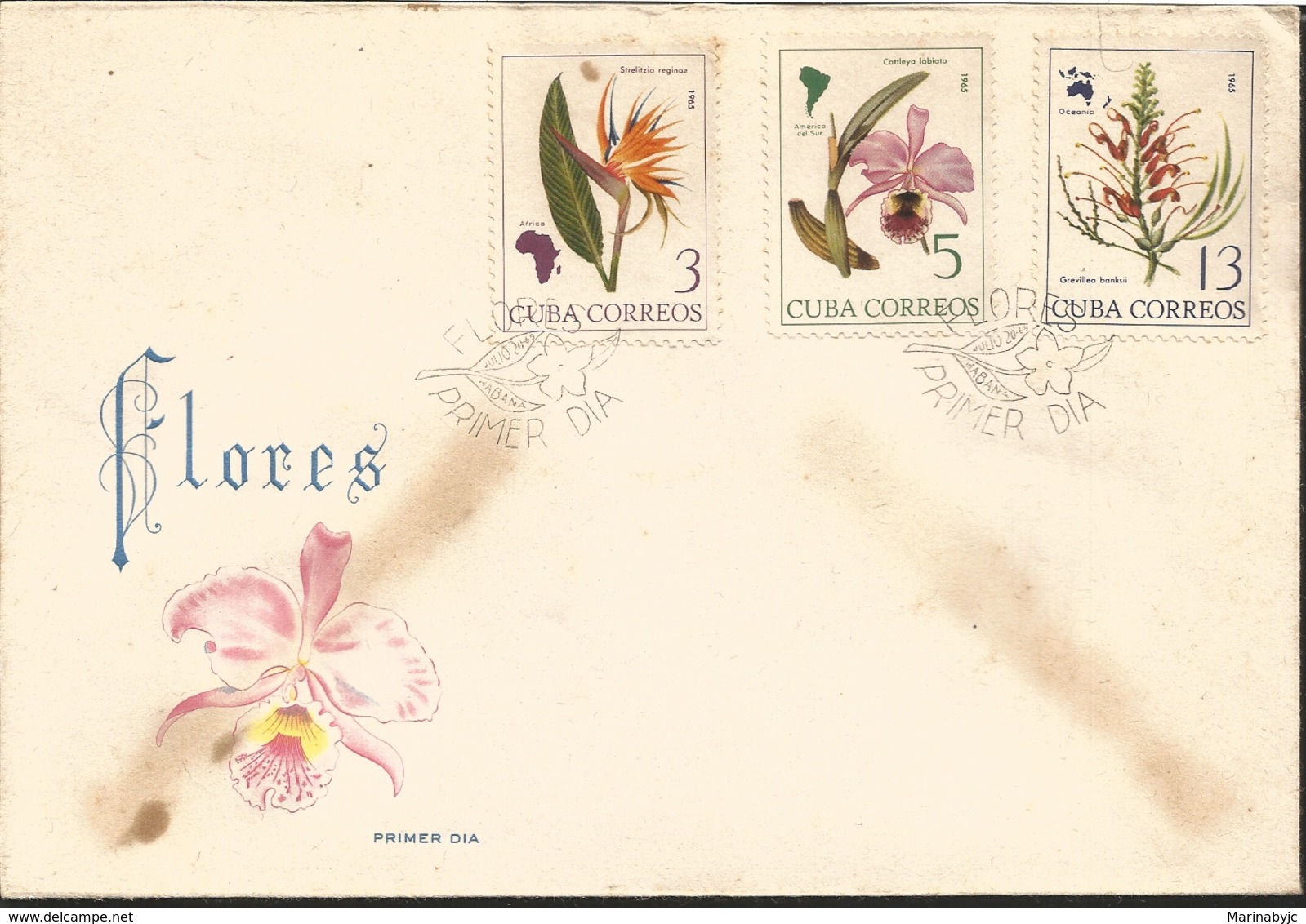 V) 1965 CARIBBEAN, FLOWERS AND MAPS OF THEIR LOCATIONS, STRELITZIA REGINAE, CATTLEYA LABIATA, GREVILLEA BANKSII, WITH SL - Lettres & Documents