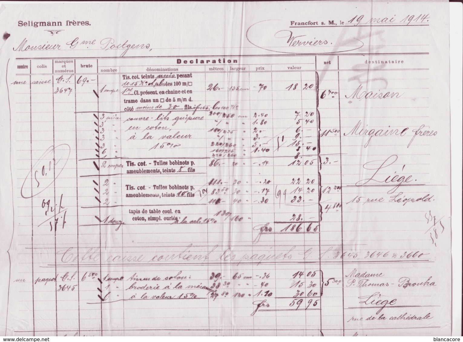Francfort Frankfurt 1914 Seligmann Frères Textile Laine Coton Tissus Pour Poetgens à Verviers - Textile & Clothing