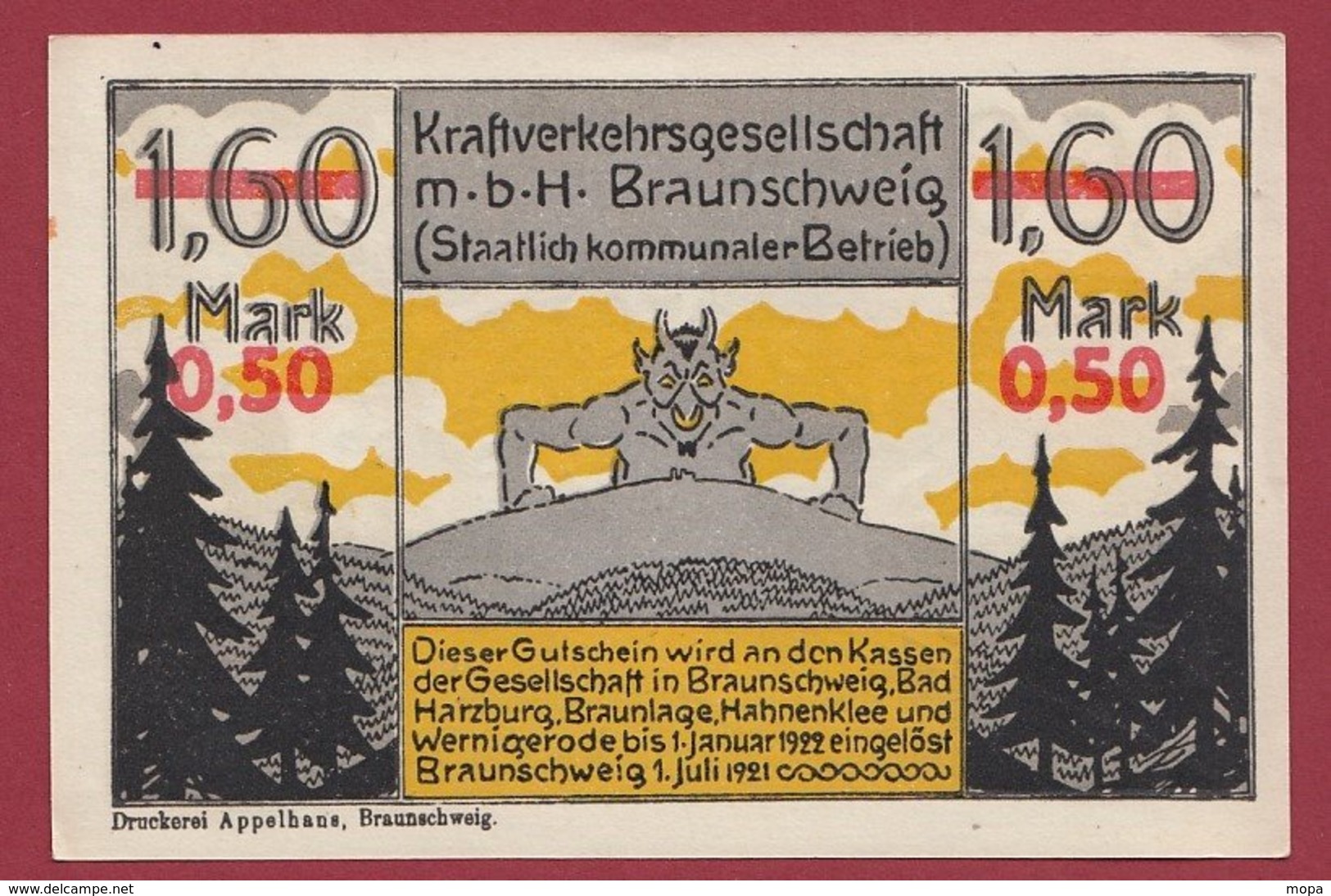 Allemagne 1 Notgeld De 1.60 Mark Surchargé  50 Pfenning Stadt Brauschweig    (RARE) Dans L 'état N °4730 - Collections