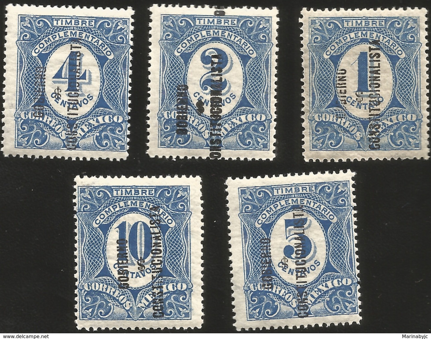 J) 1914 MEXICO, COMPLEMENTARY STAMPS, CONSTITUTIONAL GOVERNMENT, SCOTT 434-438, MN - Mexico