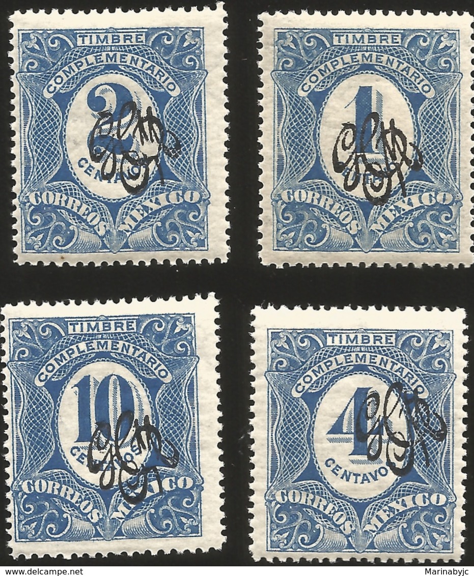 J) 1908 MEXICO, COMPLEMENTARY STAMPS, SCOTT 495-497 AND 499, BLACK GOMIGRAPHO, MN - Mexico