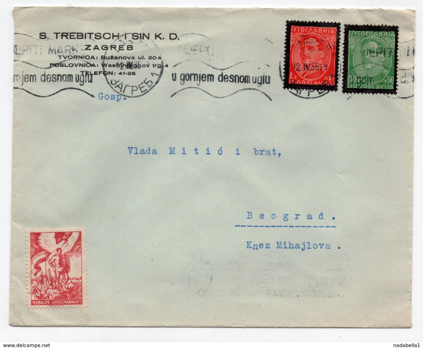 1935 YUGOSLAVIA, CROATIA, ZAGREB TO BELGRADE, S. TREBITSCH I SIN K.D., FLAM - Covers & Documents