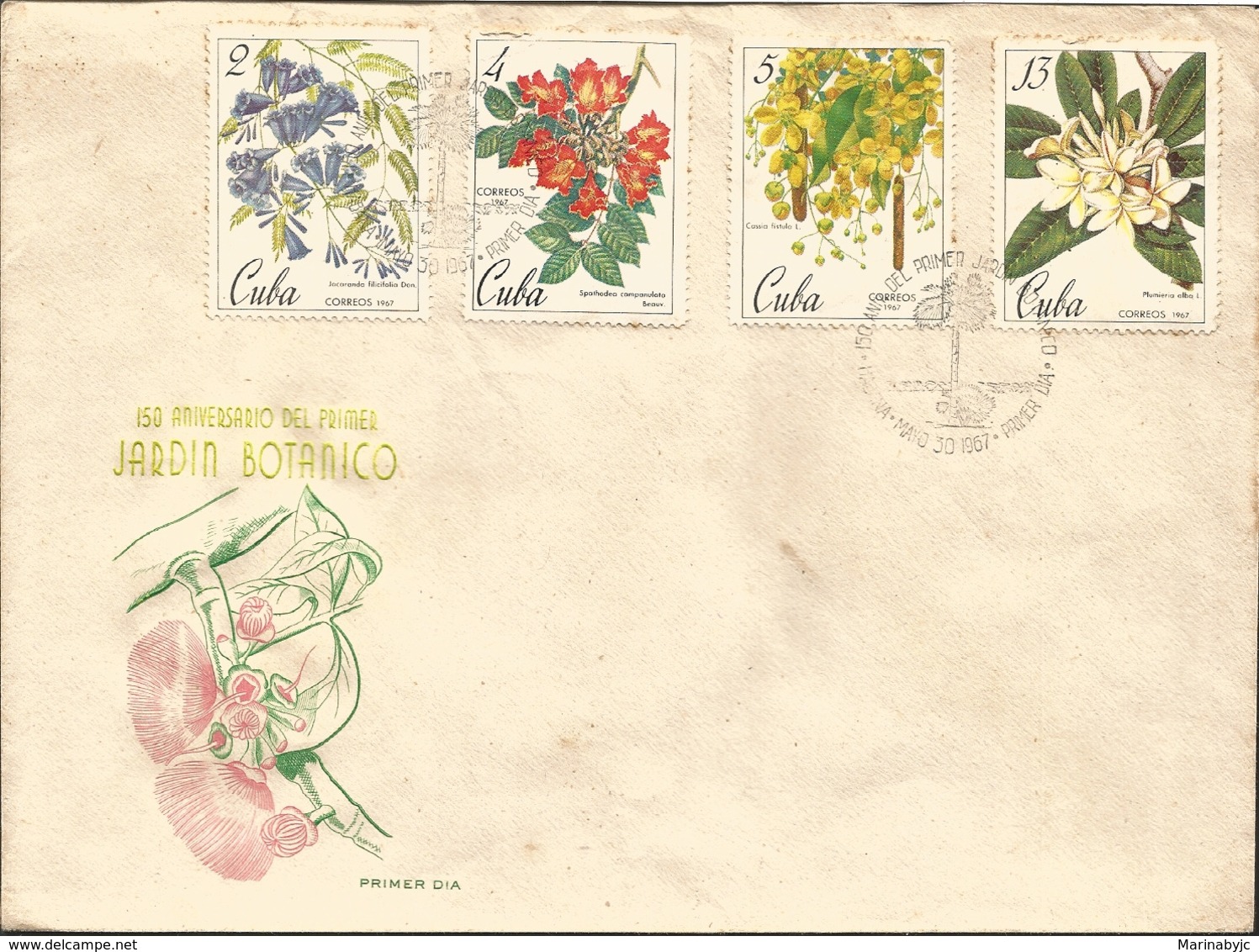 V) 1967 CARIBBEAN, BOTANICAL GARDENS, SEQUICENTENNIAL, JACARANDA FILICIFOLIA, PLUMIERIA ALBA, WITH SLOGAN CANCELATION IN - Cartas & Documentos