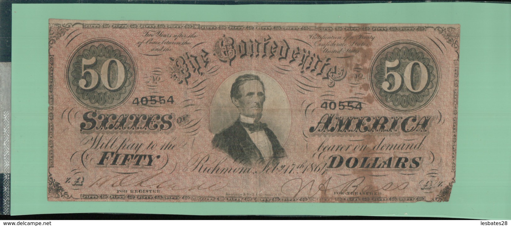 BILLET BANQUE  ATAT-UNIS 50 Dollars 1864 The Confederate States Of America 1864-02-17  -sept  2019  Alb Bil - Valuta Van De Bondsstaat (1861-1864)
