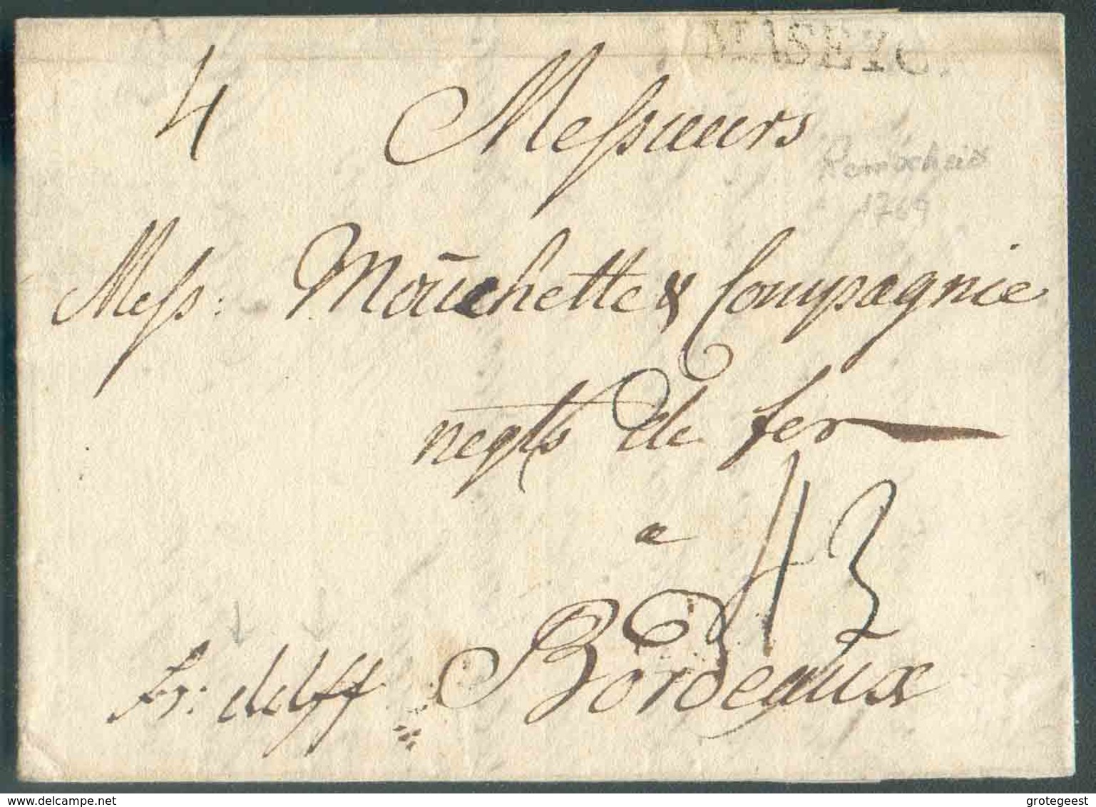 LAC Datée De REMSCHEID Le 16 Mars 1769 + Griffe MASEYCK Et Manuscrit 'fr.dslff' (franco Dusseldorff) Vers Bordeaux; Port - 1714-1794 (Oesterreichische Niederlande)